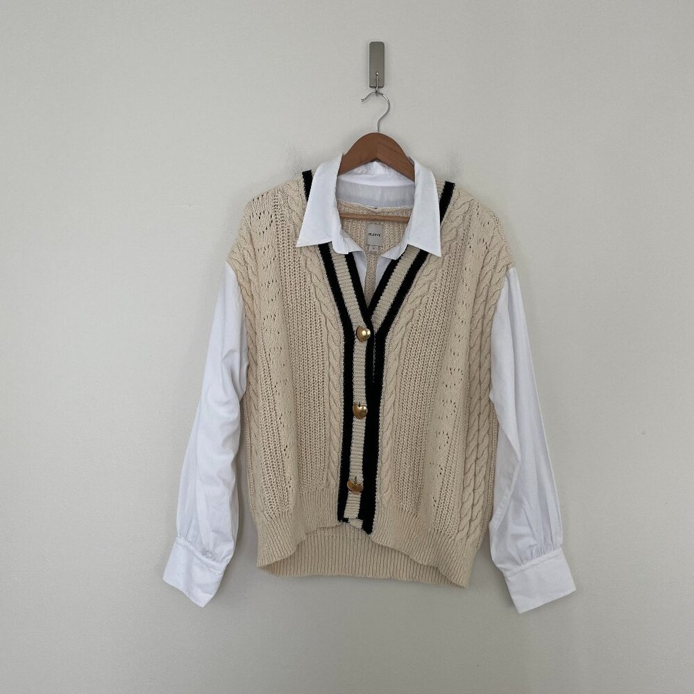 Anthropologie Maeve Pointelle Heart Buttons Twofer Sweater in Ivory Size XL